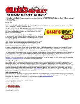 Ollie's Bargain Outlet Becomes Entitlement Sponsor of NASCAR