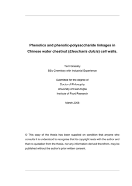 Phenolics and Phenolic-Polysaccharide Linkages in Chinese Water Chestnut (Eleocharis Dulcis) Cell Walls