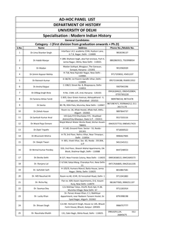 Ad-Hoc Panel List Department of History