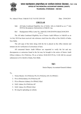 India Combined Eligibility List of Saos/ Aos in IA&AD As on 1St July 2018 for the Purpose of Promotion to IA&AS- Reg