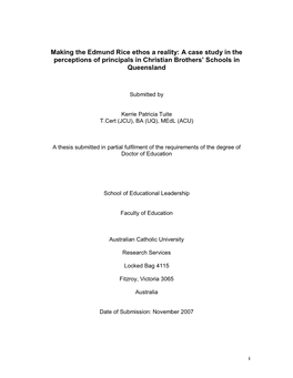 Making the Edmund Rice Ethos a Reality: a Case Study in the Perceptions of Principals in Christian Brothers' Schools in Queensland