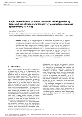 Rapid Determination of Iodine Content in Drinking Water by Isopropyl Sensitization and Inductively Coupled Plasma Mass Spectrometry (ICP-MS)