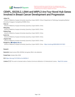 CENPL, ISG20L2, LSM4 and MRPL3 Are Four Novel Hub Genes Involved in Breast Cancer Development and Progression