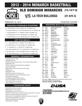 2013 - 2014 MONARCH BASKETBALL OLD DOMINION MONARCHS (13-14/7-5) Vs LA TECH BULLDOGS (21-6/9-3)