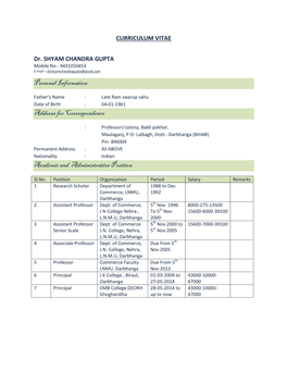 Personal Information Address for Correspondence Academic And