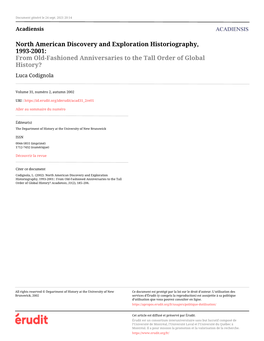 North American Discovery and Exploration Historiography, 1993-2001:: from Old-Fashioned Anniversaries to the Tall Order of Global History? Acadiensis, 31(2), 185–206