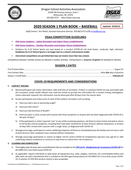 2020 SEASON 1 PLAN BOOK – BASEBALL Updated: 02/02/21 Staff Contact: Kris Welch, Assistant Executive Director, 503.682.6722 X230, Krisw@Osaa.Org