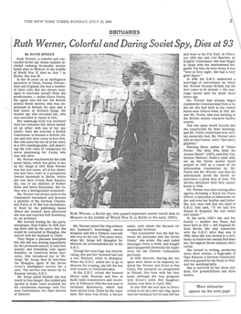 Ruth Werner, Colorful Anddaringsovietspy, Dies at 93