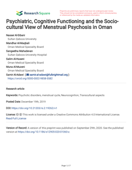 Psychiatric, Cognitive Functioning and the Socio- Cultural View of Menstrual Psychosis in Oman