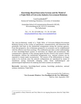 Knowledge-Based Innovation Systems and the Model of a Triple Helix of University-Industry-Government Relations Loet Leydesdorff