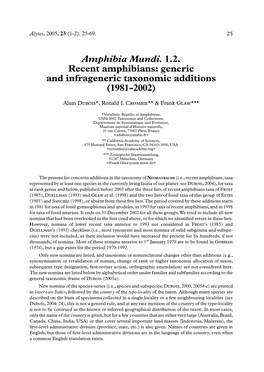Amphibia Mundi. 1.2. Recent Amphibians: Generic and Infrageneric Taxonomic Additions (1981-2002)