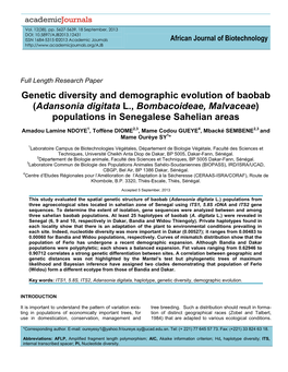 Genetic Diversity and Demographic Evolution of Baobab (Adansonia Digitata L., Bombacoideae, Malvaceae) Populations in Senegalese Sahelian Areas