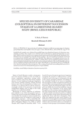Species Diversity of Carabidae (Coleoptera) in Different Succession Stages of a Limestone Quarry Hády (Brno, Czech Republic)