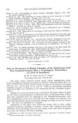 Note on Occurrence in British Columbia of the Omnivorous Leaf Tier, Cnephasia Longana (Haw.) (Lepidoptera : Tortricidae) , As a Pest of Strawberry1 Ey W