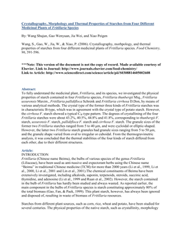 Crystallography, Morphology and Thermal Properties of Starches from Four Different Medicinal Plants of Fritillaria Species
