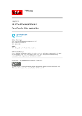 TV/Series, 15 | 2019, « La Sérialité En Question(S) » [En Ligne], Mis En Ligne Le 16 Juillet 2019, Consulté Le 22 Mars 2021