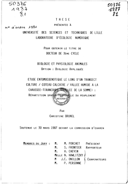 T H E S E Universite Des Sciences Et Techniques De Lille Laboratoire D'écologie Numerique Docteur De ~Ème Cycle Biologie Et Ph