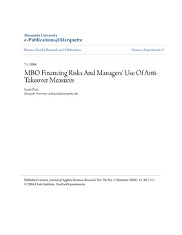 MBO Financing Risks and Managers' Use of Anti-Takeover Measures Sarah W