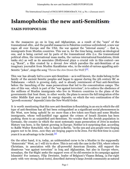 Islamophobia: the New Anti-Semitism TAKIS FOTOPOULOS