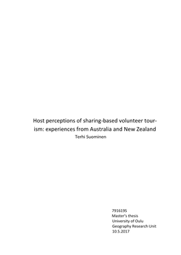Host Perceptions of Sharing-Based Volunteer Tour- Ism: Experiences from Australia and New Zealand Terhi Suominen