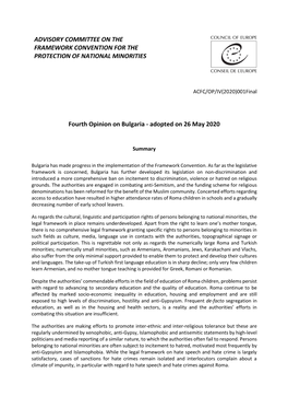 Fourth Opinion on Bulgaria - Adopted on 26 May 2020