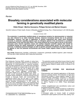 Biosafety Considerations Associated with Molecular Farming in Genetically Modified Plants
