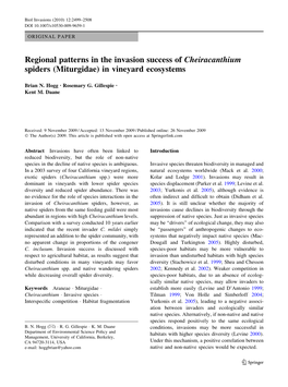 Regional Patterns in the Invasion Success of Cheiracanthium Spiders (Miturgidae) in Vineyard Ecosystems