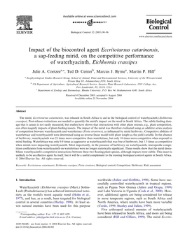 Impact of the Biocontrol Agent Eccritotarsus Catarinensis, a Sap-Feeding Mirid, on the Competitive Performance of Waterhyacinth, Eichhornia Crassipes