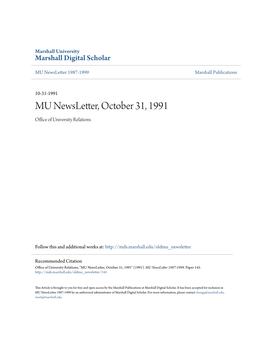 MU Newsletter, October 31, 1991 Office Ofni U Versity Relations