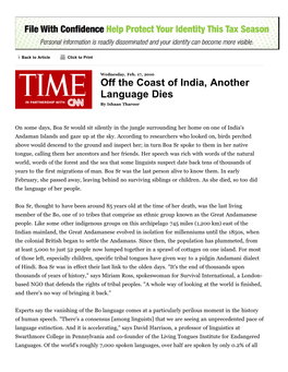 Andaman Islands Language Becomes Extinct As Elder Dies -- Printout