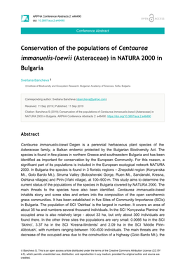 Conservation of the Populations of Centaurea Immanuelis-Loewii (Asteraceae) in NATURA 2000 in Bulgaria