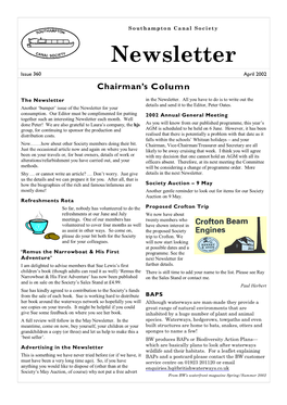 Southampton Canal Society Newsletter Issue 360 April 2002 Chairman’S Column