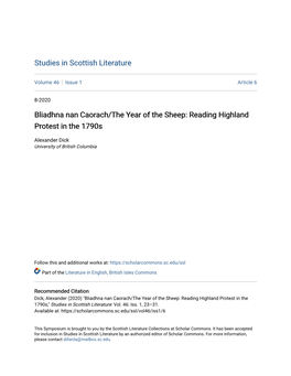 Bliadhna Nan Caorach/The Year of the Sheep: Reading Highland Protest in the 1790S