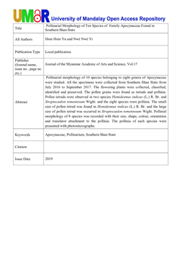 Title Pollinarial Morphology of Ten Species of Family Apocynaceae Found in Southern Shan State All Authors Hnin Hnin Yu and Nw