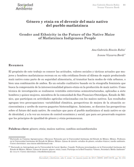 Género Y Etnia En El Devenir Del Maíz Nativo Del Pueblo Matlatzinca