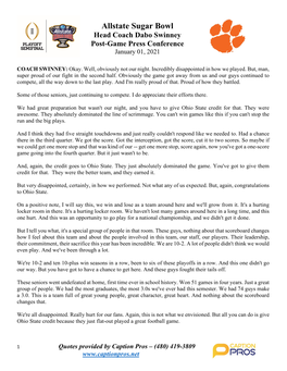 Allstate Sugar Bowl Head Coach Dabo Swinney Post-Game Press Conference January 01, 2021