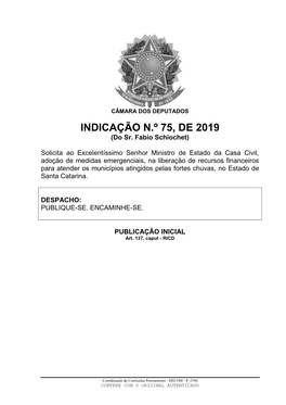 INDICAÇÃO N.º 75, DE 2019 (Do Sr