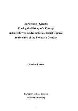 In Pursuit of Genius: Tracing the History of a Concept in English Writing, from the Late Enlightenment to the Dawn of the Twentieth Century