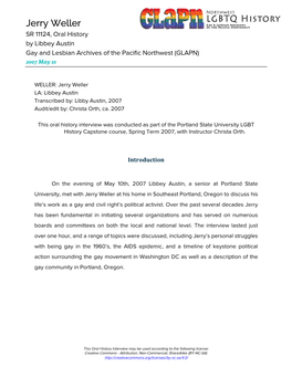Jerry Weller SR 11124, Oral History by Libbey Austin Gay and Lesbian Archives of the Pacific Northwest (GLAPN)