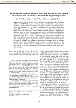 Marine Benthic Algae of Johnston Atoll: New Species Records, Spatial Distribution, and Taxonomic Afﬁnities with Neighboring Islands1