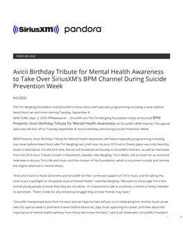 Avicii Birthday Tribute for Mental Health Awareness to Take Over Siriusxm's BPM Channel During Suicide Prevention Week