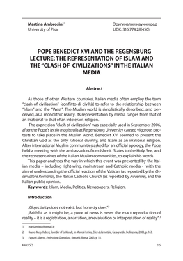 Pope Benedict Xvi and the Regensburg Lecture: the Representation of Islam and the “Clash of Civilizations” in the Italian Media