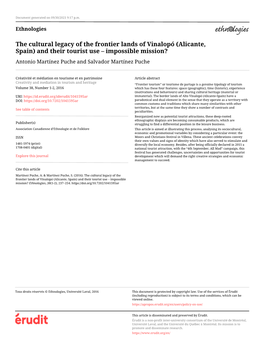 The Cultural Legacy of the Frontier Lands of Vinalopó (Alicante, Spain) and Their Tourist Use – Impossible Mission? Antonio Martínez Puche and Salvador Martínez Puche