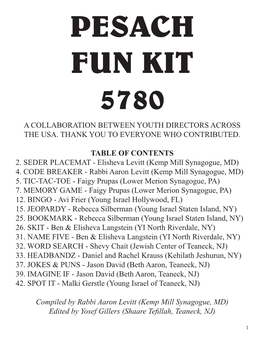 Pesach Fun Kit 5780 a Collaboration Between Youth Directors Across the Usa