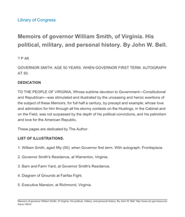 Memoirs of Governor William Smith, of Virginia. His Political, Military, and Personal History