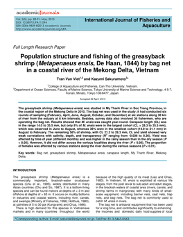 Population Structure and Fishing of the Greasyback Shrimp (Metapenaeus Ensis, De Haan, 1844) by Bag Net in a Coastal River of Th