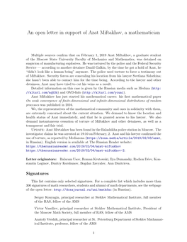 An Open Letter in Support of Azat Miftakhov, a Mathematician