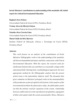 István Mészáros' Contributions to Understanding of the Metabolic Rift: Initial Report for Critical Environmental Education