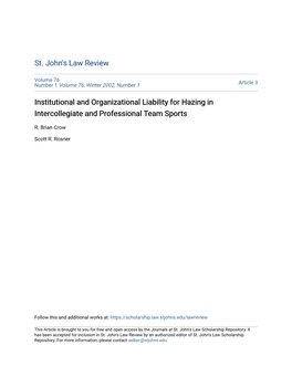 Institutional and Organizational Liability for Hazing in Intercollegiate and Professional Team Sports
