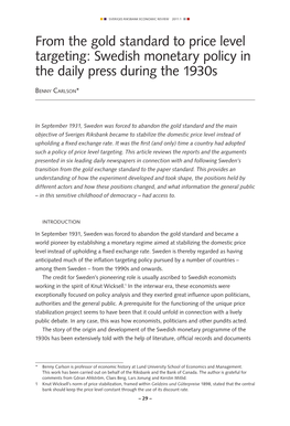Swedish Monetary Policy in the Daily Press During the 1930S